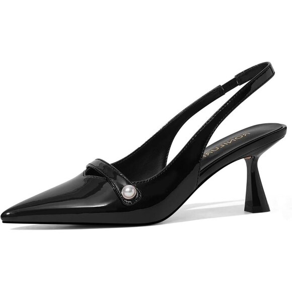 🆕Women Black Kitten Sling Back Low Heel Pumps Closed Pointed Toe Pearl Heels - Picture 1 of 7